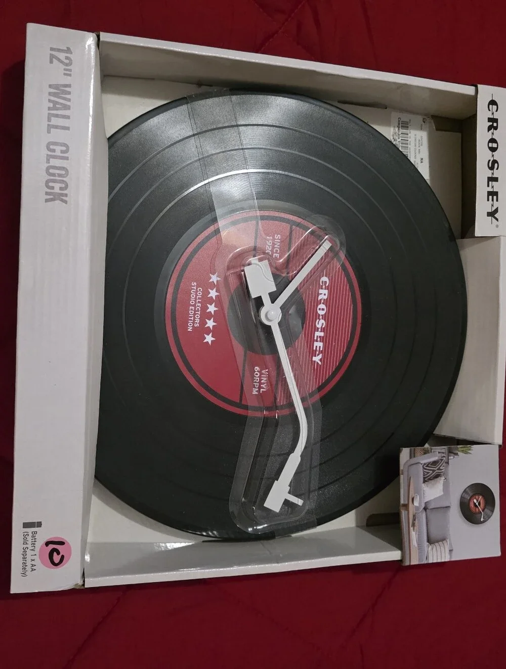 Crosley Black and Red Vinyl Record Wall Clock with White Hands